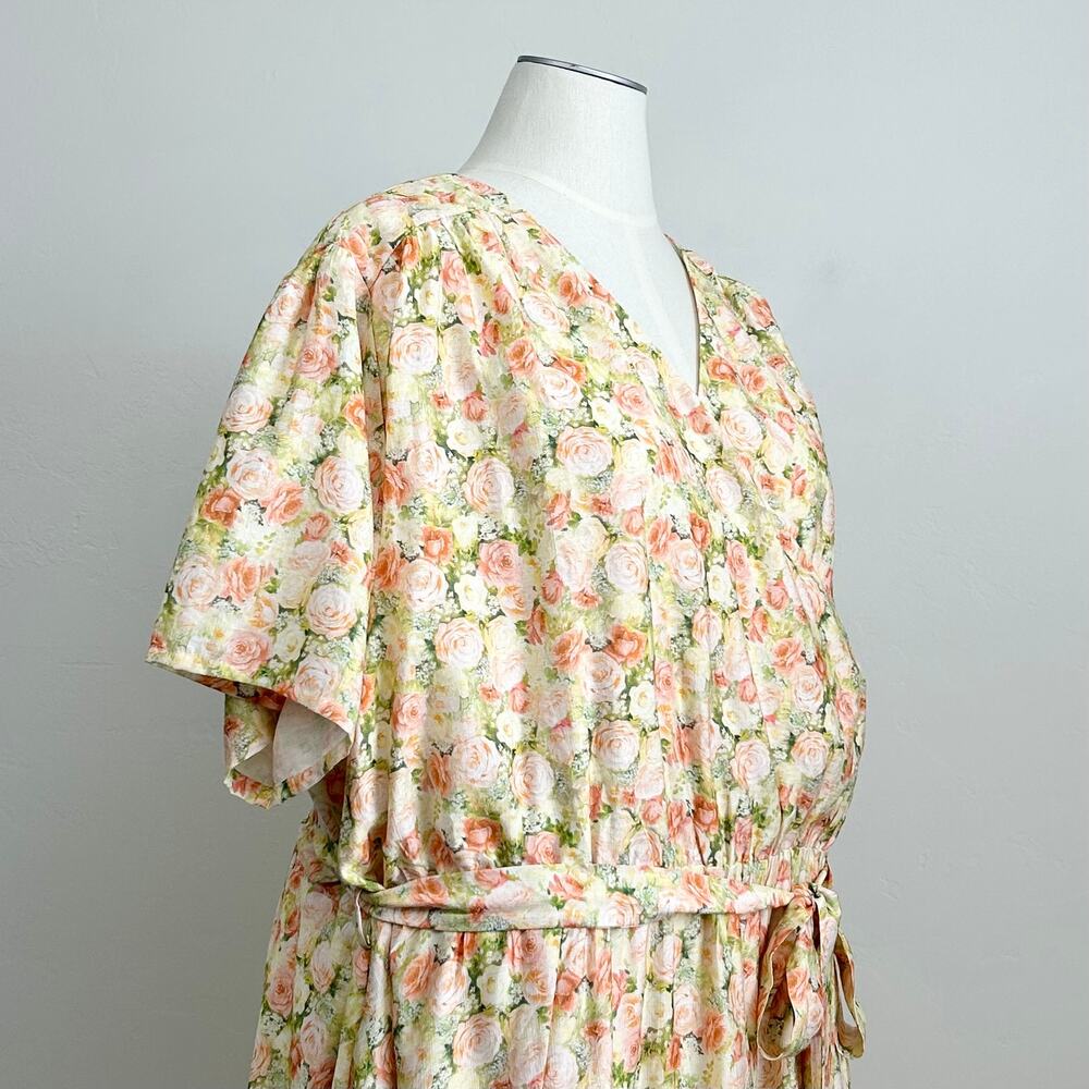 Ivy City Co. Yellow Pink Floral Rose Faux Wrap Short Sleeve Midi Lyra Dress NWT - Picture 8 of 13